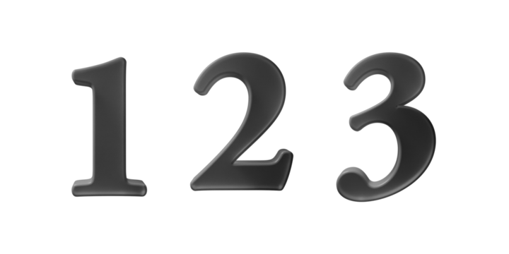 1.2.3. numbers are frontal in angle, shimmering translucent in texture, black in color, round in shape