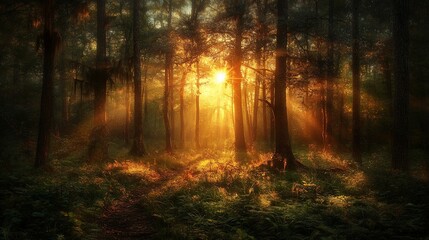 Fototapeta premium Sunlit Forest Path, Mystical Dawn