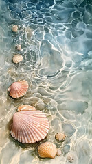 Seashells on the beach, nestled in the sand with the sea in the background