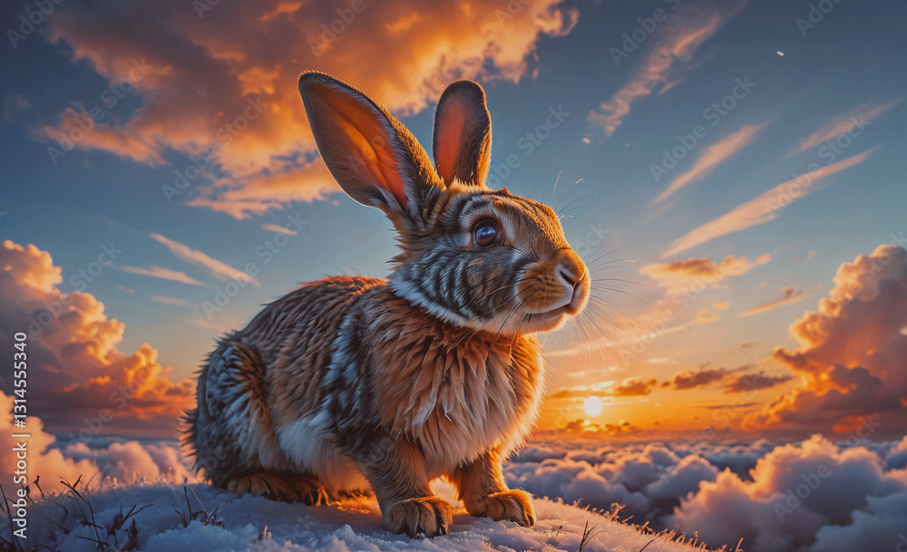 Poster rabbit is sitting on a snowy hill with a beautiful sunset in the background. the rabbit is looking u