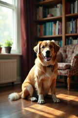 A cute dog sitting calmly in a cozy home study room, books neatly stacked on shelves , dog, books, cozy