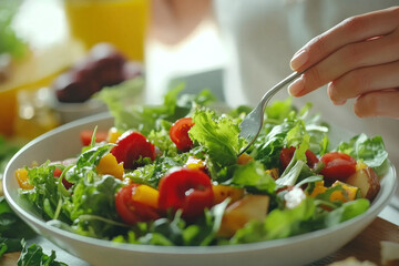 Woman preparing a salad with fresh vegetables in a bright kitchen, chopping board full of colorful bell peppers, tomatoes, and cucumbers.
