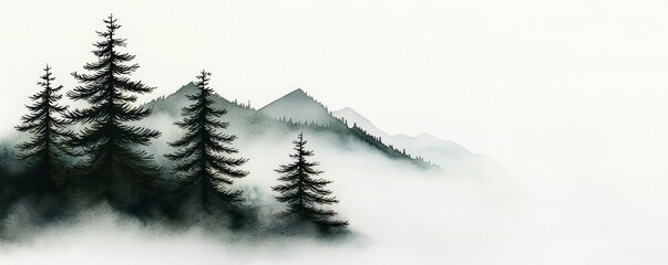 Misty Mountain Peaks with Silhouetted Pines