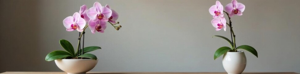 Delicate light pink orchids, two stems, in a stylish tripod pot , graceful, orchid flower