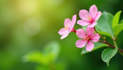 Obraz premium Delicate pink flowers, green leaves, bright background, texture, detail, beautiful
