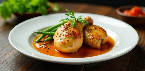 A fancy chicken dinner served on a white plate with fresh herbs and seasonings, chicken, gourmet, fancy