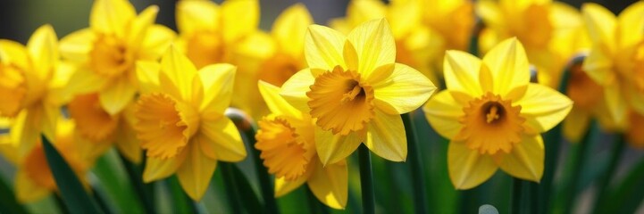 Obraz premium Dense cluster of daffodils, vibrant hues, green stems , botanical, wildflower, spring