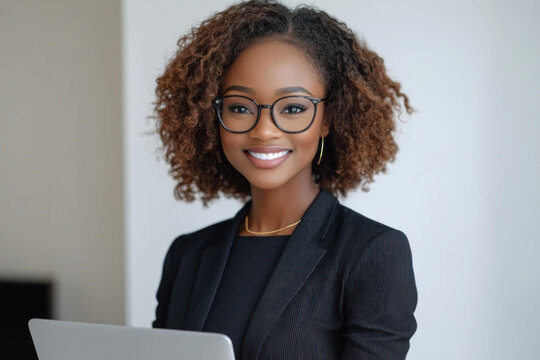 Woman in glasses and a suit typing on her laptop in a busy coffee shop during the day, surrounded by people chatting and working on their devices.