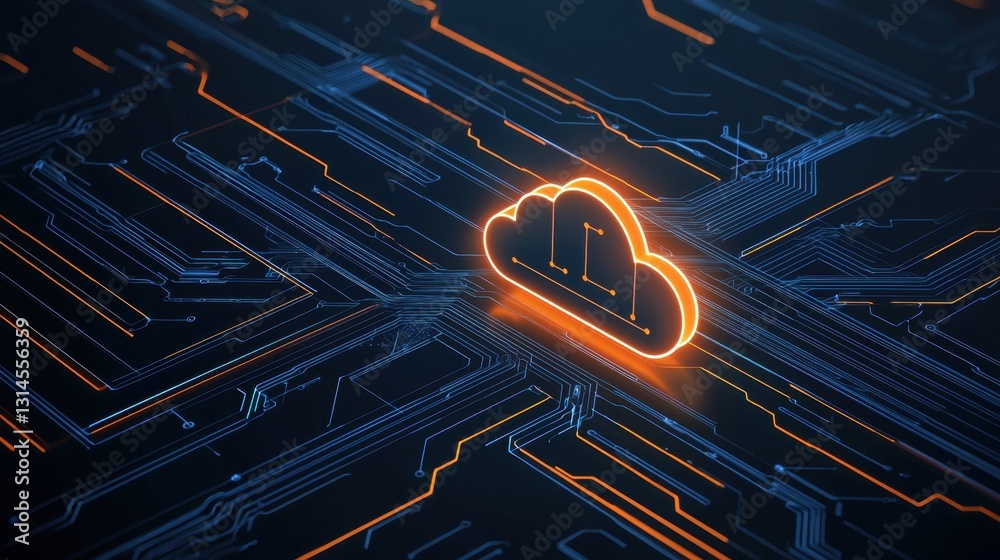 Poster cloud data storage network with glowing connected lines, futuristic cloud computing concept