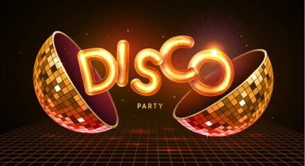 Disco party typography background with 3d golden metallic letters, disco ball and dance floor. Vector illustration
