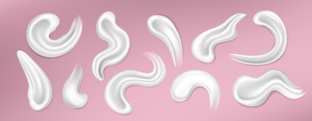 Moisturizing cream for skin. White cosmetic swatch gel. Purifying facial cleanser. Toothpaste foam. Sunscreen lotion splash. Skincare serum. Transparent sunblock balm. Vector 3D facial mask smears set