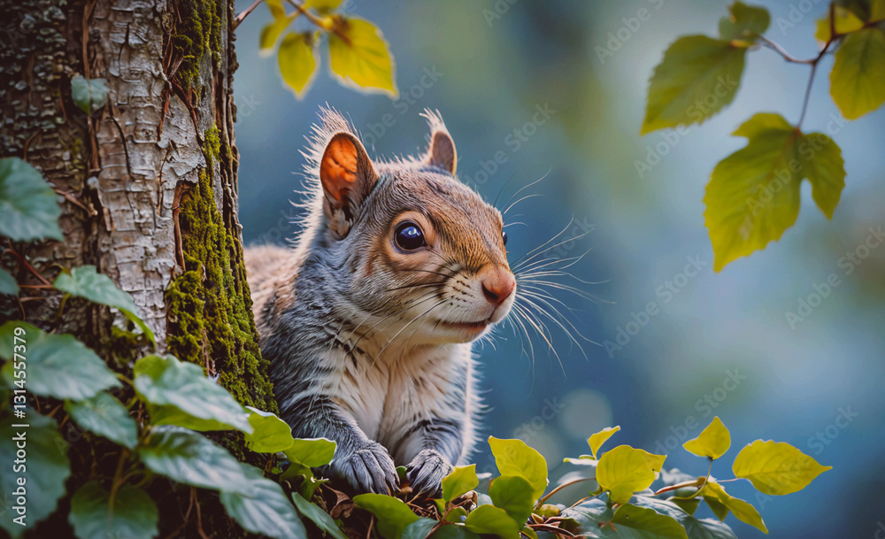Poster Squirrel is sitting on a tree branch. The tree is surrounded by green leaves and has moss growing on it. The squirrel appears to be looking at the camera