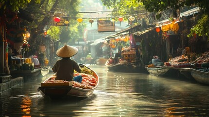 Obraz premium Sunrise Boat Market, Floating Vendors, Canal, Asia