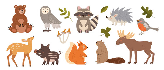 Obraz premium Cute forest characters. Kid animals. Cartoon bird and bear. Nature wildlife. Adorable playful deer. Owl and squirrel. Funny elk. Childish drawing. Wild hedgehog and beaver. Vector woodland mammals set