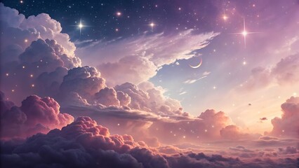 Dreamy Sky with Clouds, Stars, and Moon at Dusk, Fantasy Background