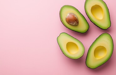 Avocados Cut in Half on a Pastel Pink Background, Top View with Copy Space for Healthy Food and Dieting Concepts