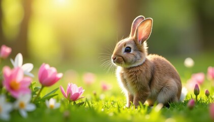 Obraz premium Fluffy bunnies frolic amidst blooming spring flowers, sunlight dappled , texture, stock, vibrant