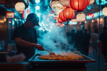Masterful vendor cooks delicious street food at a lively Tokyo night market