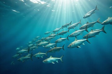 A large group of silver fish moving in unison under the sea, wildlife, ocean life, synchronized
