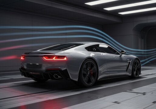 Sleek silver sports car in wind tunnel