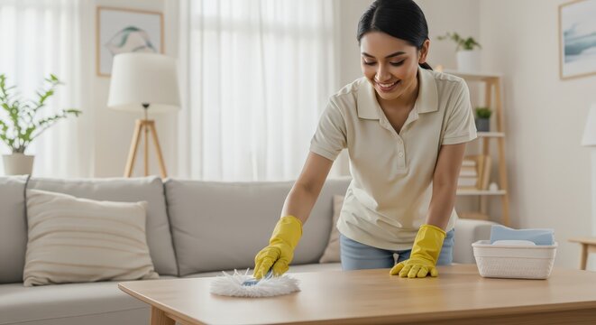  A Smiling Asian Woman dusting a table with duster in living room. Spring Cleaning. For International Housekeeping Week and home service advertisement.
