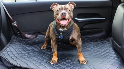 Happy Staffordshire Bull Terrier dog safely secured in the back seat of a car, wearing a harness with clip and strap, standing on a car seat cover, showcasing pet safety and comfort during travel
