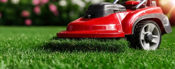 Red Lawn Mower Cutting Green Grass Outdoors