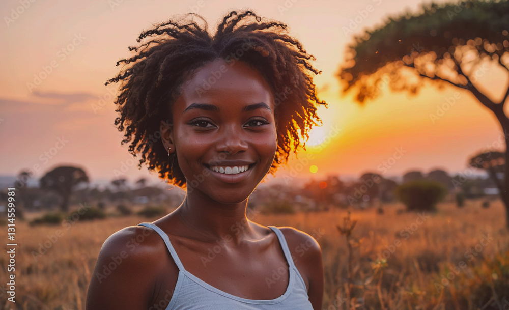 Poster woman with curly hair is smiling in front of a tree. the sun is setting in the background, creating 