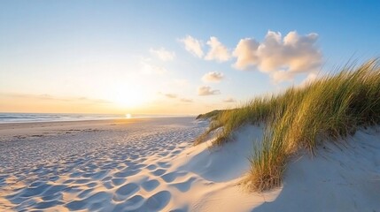 Sunset beach dune, footprints, ocean view