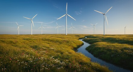 Clean Earth Day Concept: Wind turbines in a field by a river, green energy source. Renewable resources concept. Ecology future background with copy space.