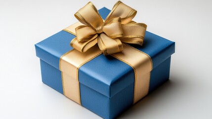 Obraz premium Elegant blue gift box with golden ribbon and bow for special occasions and celebrations on white background