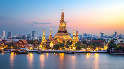Illuminated Wat Arun Ratchawararam Ratchawaramahawihan Temple at Sunset on Chao Phraya River in Bangkok