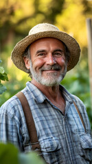 Mature gardener beaming with pride, standing among lush vegetable rows, showcasing successful summer crop harvest