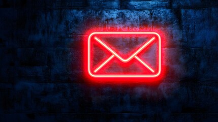Neon Sign in Blue Lighting with an Envelope Icon on Wall