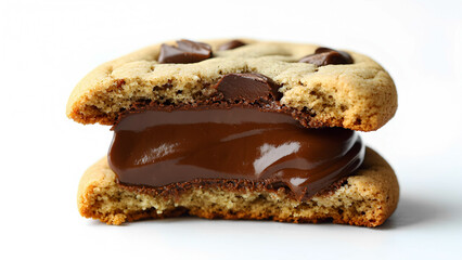 A freshly baked Nutella-stuffed cookie, broken in half to reveal warm, gooey chocolate-hazelnut filling