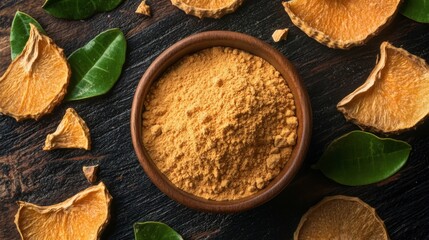 Bael fruit powder in a wooden bowl, surrounded by dried bael slices and leaves