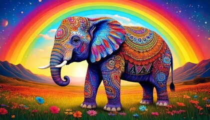 Obraz premium Baby elephant with mosaic and mandalas in a beautiful landscape with a Rainbow