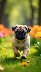 Fototapeta premium Pug puppy dashes between vibrant park flowers , spring, running, spring flowers
