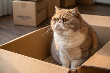 Adorable cat sitting in a cardboard box surrounded by moving boxes