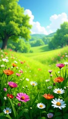 Fototapeta premium A serene meadow with vibrant wildflowers and lush green grass, Landscape, Nature, Field