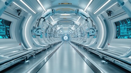 Obraz premium Futuristic Sci-Fi Corridor: Sterile White Medical Pods and Advanced Robotic Arms