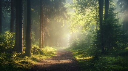 Fototapeta premium a pathway through a sunlit forest, with tall trees casting shadows and beams of light illuminating the way