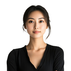 Fototapeta premium Portrait of a Young Asian Woman with Dark Hair in a Black Shirt Against a Transparent Background