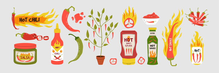 Spicy salsa. Bowl chili food. Kitchen fire. Cooking red tomato, pepper, spice, sauce in bottles, seasoning, hot paprika. Gourmet ingredient. Vector vegetable flame. Cartoon flat isolated illustration