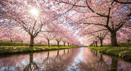  Blooming sakura trees over water. Beautiful natural background. Spring equinox, ostara, hanami, arboreal Day, nature awakening. Scenic landscape and reflection.