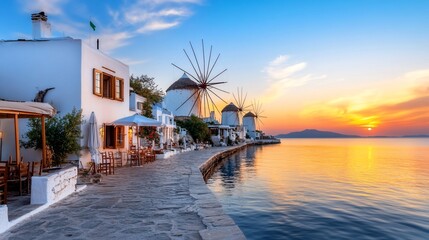 Obraz premium Sunset over waterfront Greek village with windmills