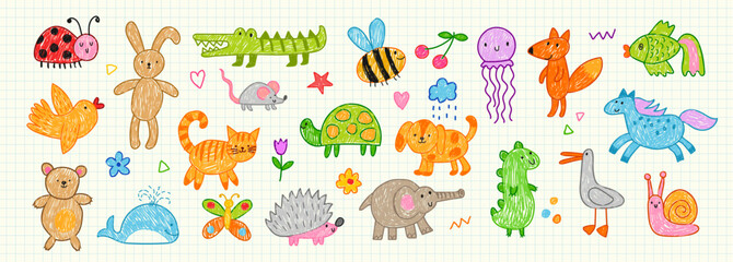 Animal of crayon. Child doodle art. Children cartoon marker. Chalk abstract pet. Hand drawn texture. Color pencil sketch. Vintage paper page. Elephant or crocodile. Sea whale. Vector baby illustration