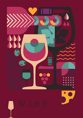 Modern magazine cover or poster with wine bottles and glasses. Restaurant menu design. Vector illustration
