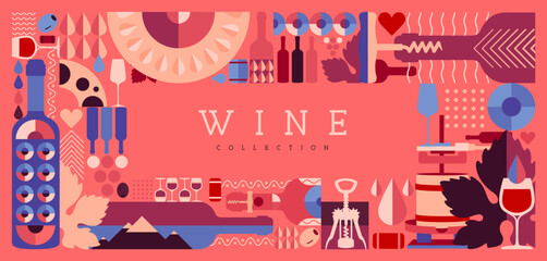 Modern magazine cover or poster with wine bottles and glasses. Restaurant menu design. Vector illustration