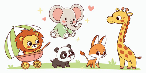 Naklejka premium Cute Baby Animals Vector Set – Adorable Cartoon Wildlife Illustrations for Kids & Nursery